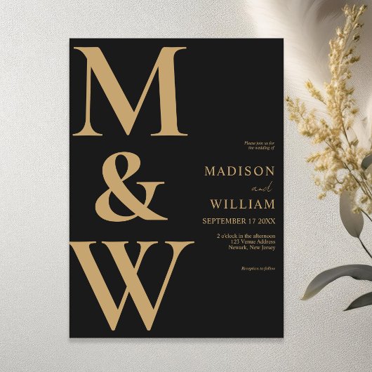 Einfache moderne Monogram Black and Tan Wedding Einladung