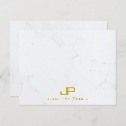 Einfache, moderne Monogram Gold Weißmarmor Mitteilungskarte (Vorne/Hinten)
