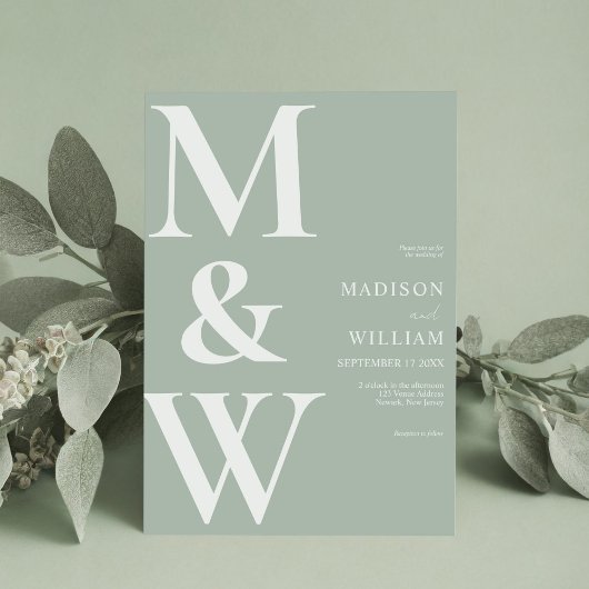 Einfache moderne Monogram Sage Green Wedding Einladung