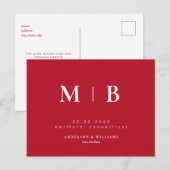 Einfache moderne Monogramm Save the Date rot Ankündigungspostkarte (Vorne/Hinten)