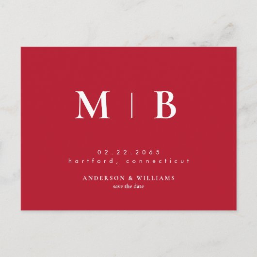 Einfache moderne Monogramm Save the Date rot Ankündigungspostkarte (Vorderseite)