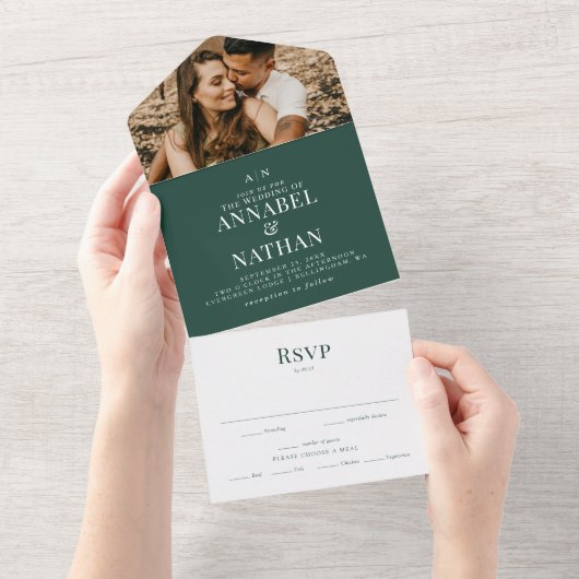 Einfache moderne Monogramm- und Foto-Forest-Grün All In One Einladung (Abreißen)