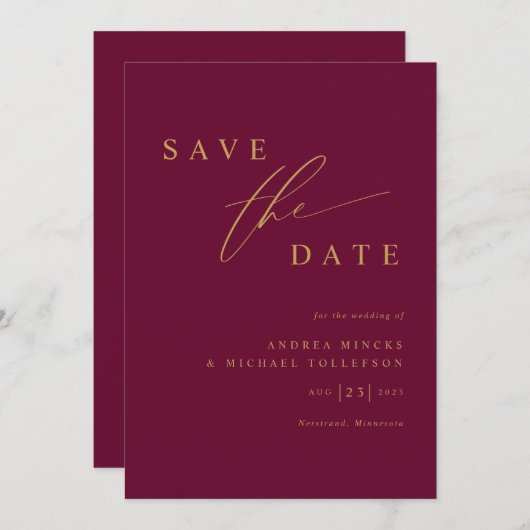 Einfache moderne Mulberry Wine and Gold Wedding Save The Date (Vorne/Hinten)