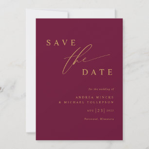 Einfache moderne Mulberry Wine and Gold Wedding Save The Date