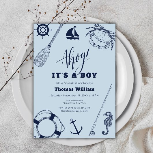Einfache moderne Nautical Fishing Boy Baby Dusche Einladung