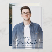 Einfache moderne Navy Blue Script Abschluss Foto Einladung (Vorne/Hinten)