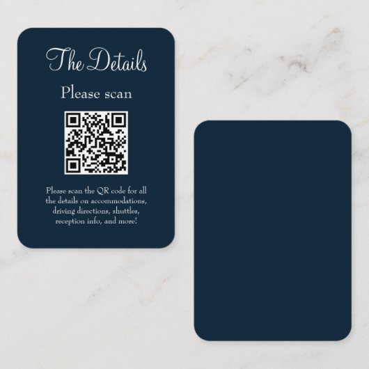 Einfache, moderne Navy Blue Wedding Details QR Cod Begleitkarte (Vorne/Hinten)