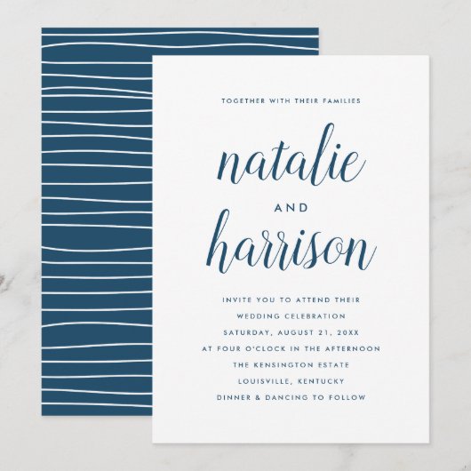 Einfache moderne Navy-Script-Hochzeit Einladung (Vorne/Hinten)