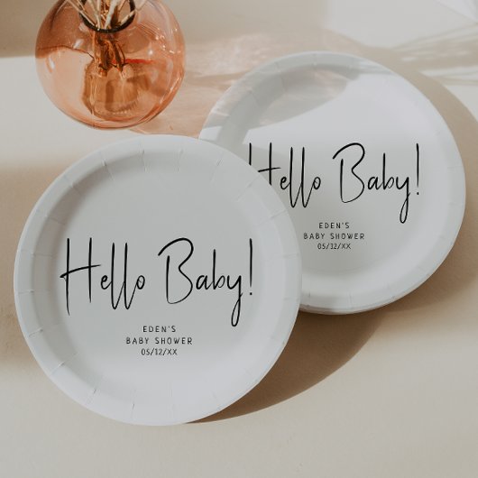 Einfache moderne Neutral Hello Baby! Babyparty Pappteller