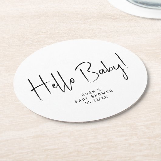 Einfache moderne, neutrale Babydusche Hallo Baby Runder Pappuntersetzer (Angewinkelt)