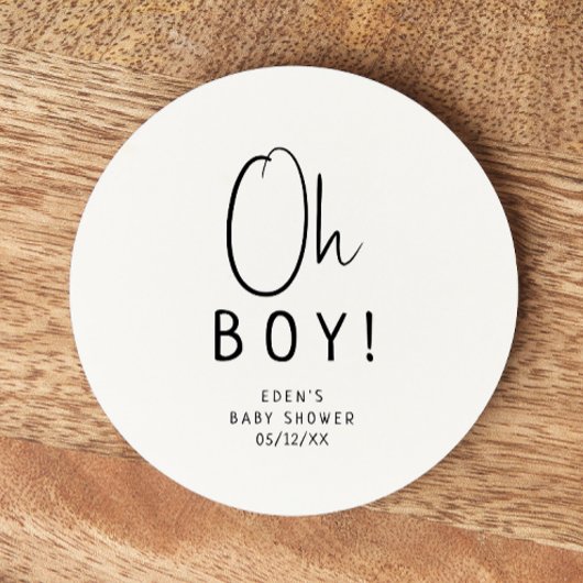 Einfache moderne neutrale Babydusche Oh Junge! Runder Pappuntersetzer