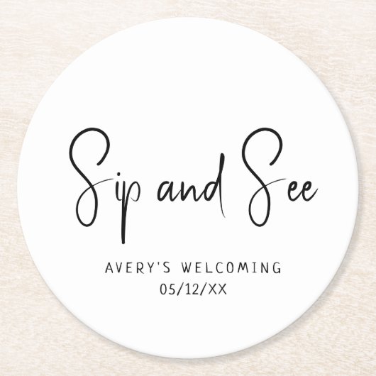 Einfache, moderne, neutrale Sip-and-See Runder Pappuntersetzer (Vorderseite)