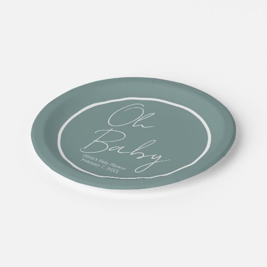 Einfache moderne Oh Baby-Baby-Kinderspülung Grüne Pappteller (Schrägansicht)