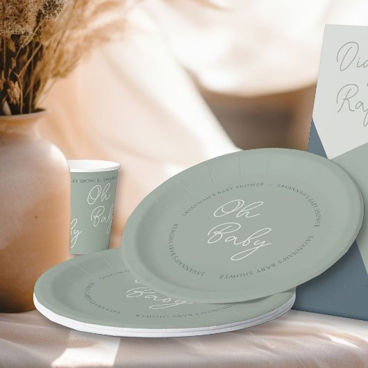 Einfache moderne Oh Baby Script-Sage Grüne Dusche Pappteller