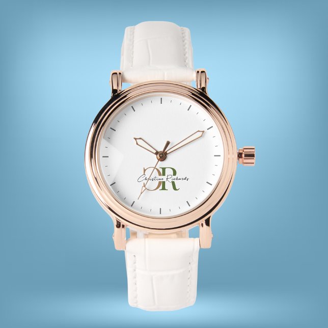 Einfache, moderne Olive Green Gold Monogram Armbanduhr (Von Creator hochgeladen)
