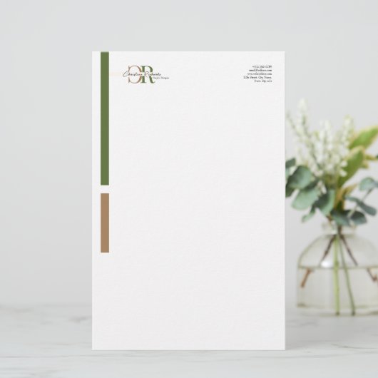 Einfache, moderne Olive Green Gold Monogram Briefpapier (Stehend Vorderseite)