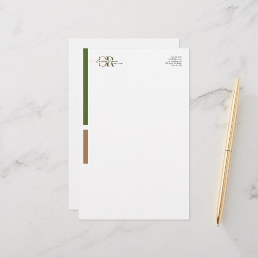 Einfache, moderne Olive Green Gold Monogram Briefpapier (Vorderseite/Rückseite Beispiel)