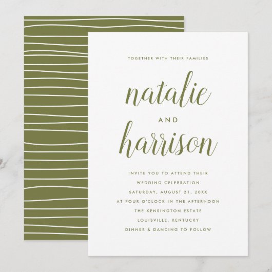 Einfache moderne Olive Green Script Hochzeit Einladung (Vorne/Hinten)