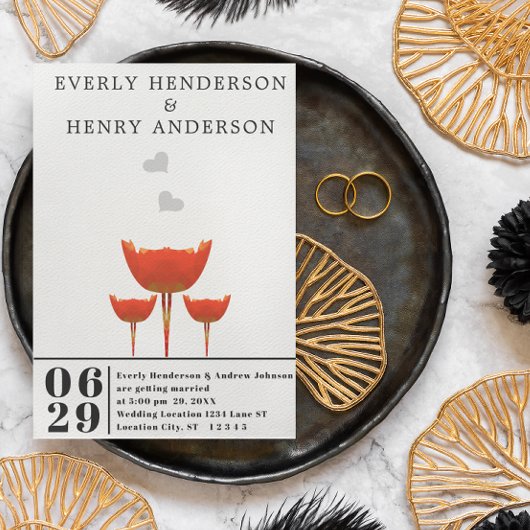 Einfache moderne Orange Poppies & Hearts Wedding Einladung