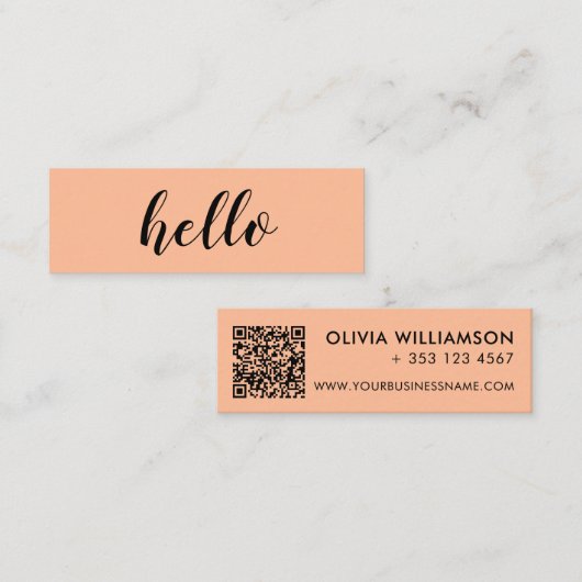 Einfache, moderne Peach Hello QR Code Mini Visitenkarte (Vorne/Hinten)