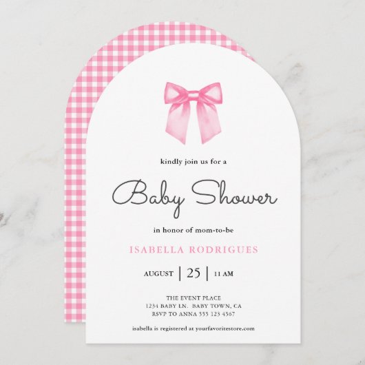 Einfache, moderne Pink Bow Baby Dusche Einladung (Vorne/Hinten)