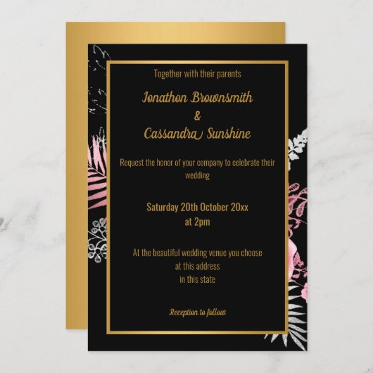 EINFACHE MODERNE PINK GOLD FLORAL WEDD ALL SCHWARZ EINLADUNG (Vorne/Hinten)