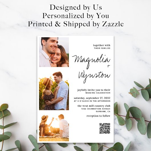 Einfache moderne QR Code 3 Foto Hochzeit Einladung