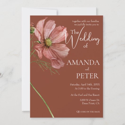 Einfache moderne QR Code Floral Terracotta Wedding Einladung (Vorderseite)