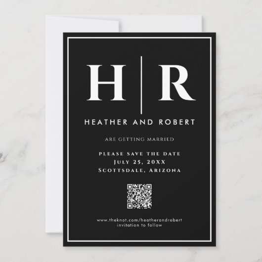 Einfache moderne QR-Code für das Hochzeitssymbol Save The Date (Vorderseite)