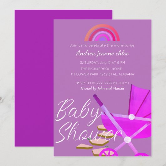 Einfache moderne Rainbow-Rosa Kinderdusche Einladung (Vorne/Hinten)