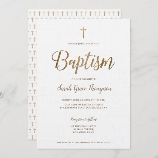 Einfache, moderne, reine, weiße Cross-Girl-Taufe Einladung (Vorne/Hinten)