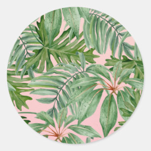 Einfache, moderne, rosa Palmblätterblätter tropisc Runder Aufkleber