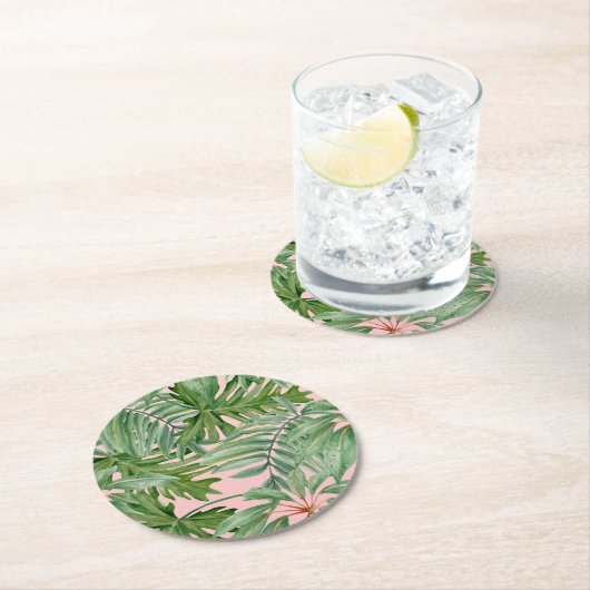 Einfache, moderne, rosa Palmblätterblätter tropisc Runder Pappuntersetzer (Vor Ort)