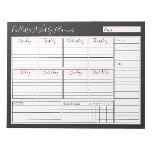 Einfache, moderne rosa Schwarz Weekly Custom Plane Notizblock (Vorderseite)