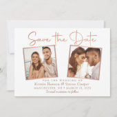 Einfache moderne Rose Gold 2 Foto Save the Date Ka (Vorderseite)