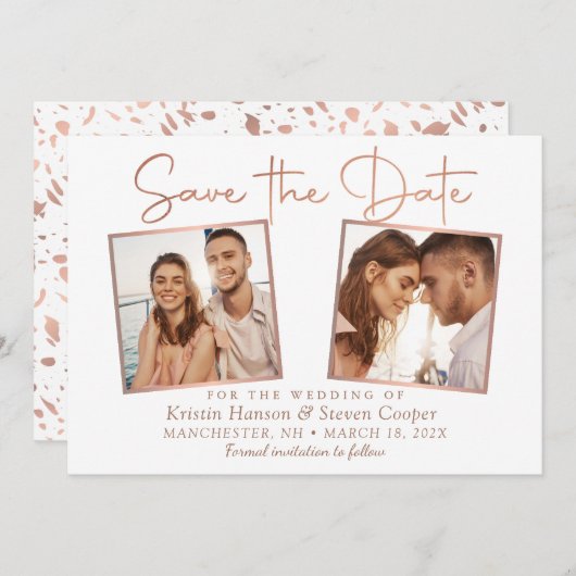 Einfache moderne Rose Gold 2 Foto Save the Date Ka (Vorne/Hinten)