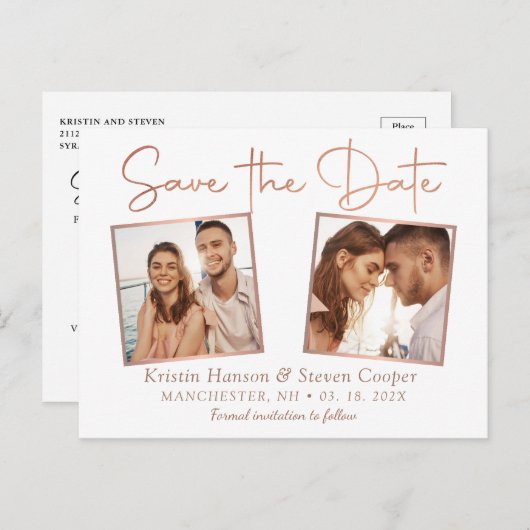 Einfache moderne Rose Gold 2 Foto Save the Date Postkarte (Vorne/Hinten)
