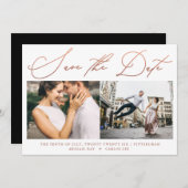 Einfache moderne Rose Gold Script Foto Black Save The Date (Vorne/Hinten)