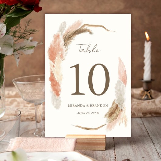 Einfache moderne rustikale Pampasgras-Hochzeit Tischnummer