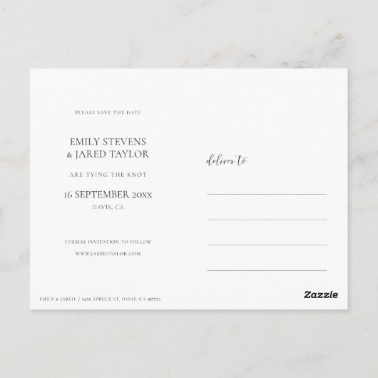 Einfache moderne, Save the Date Minimalistisch Postkarte (Rückseite)