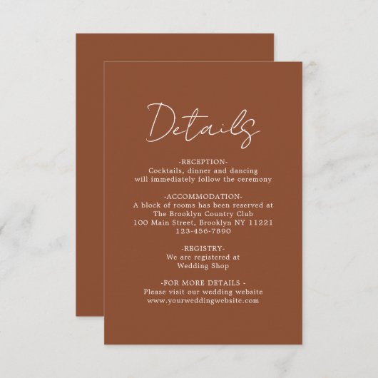 Einfache moderne Schlichte Terracotta Hochzeitsdet Begleitkarte (Vorne/Hinten)