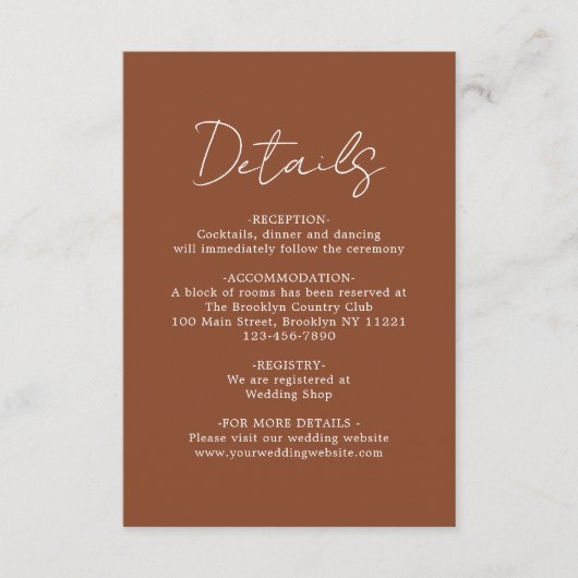 Einfache moderne Schlichte Terracotta Hochzeitsdet Begleitkarte (Vorderseite)