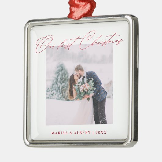 Einfache moderne Schrift Unsere erste Weihnachtsfe Ornament Aus Metall (Links)