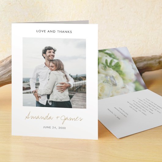 Einfache moderne Schwarz-Gold-Foto-Hochzeit Dankeskarte