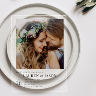Einfache moderne Schwarz-Weiß-Foto-Hochzeit Acryleinladungen