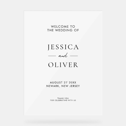 Einfache, moderne Schwarz-Weiß-Hochzeit - Empfang Acrylschild (Vorderseite)