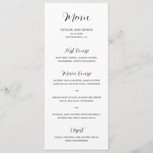Einfache moderne Schwarz-Weiß-Hochzeit Menükarte (Vorderseite)