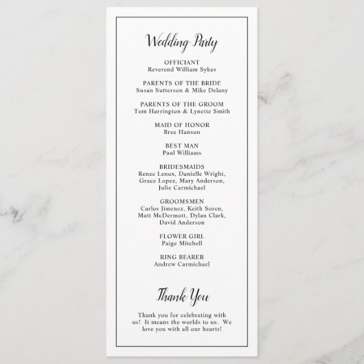 Einfache moderne Schwarz-Weiß-Hochzeit Programm (Rückseite)