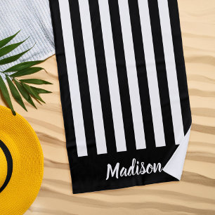 Einfache, moderne Schwarz-Weiß-Streifen Monogramm Strandtuch