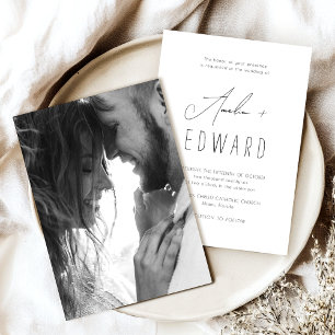 Einfache moderne Schwarz-weiße Foto-Hochzeit Einladung